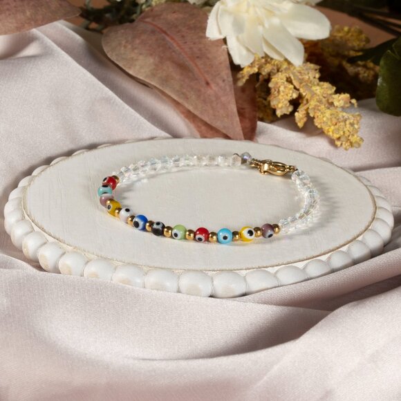 Bracelet Adjustable Handma Clear Crystal Turkish Eye For women multicolored Gift - Picture 3 of 9